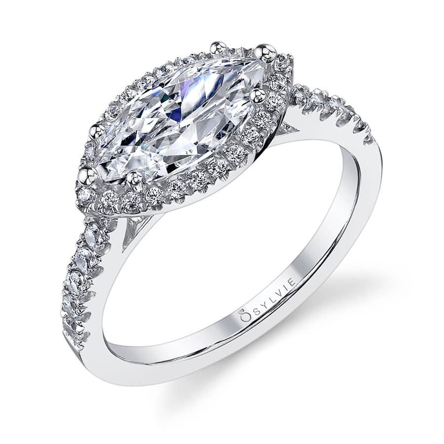 Anabella - Marquise Shaped East to West Engagement Ring with Halo