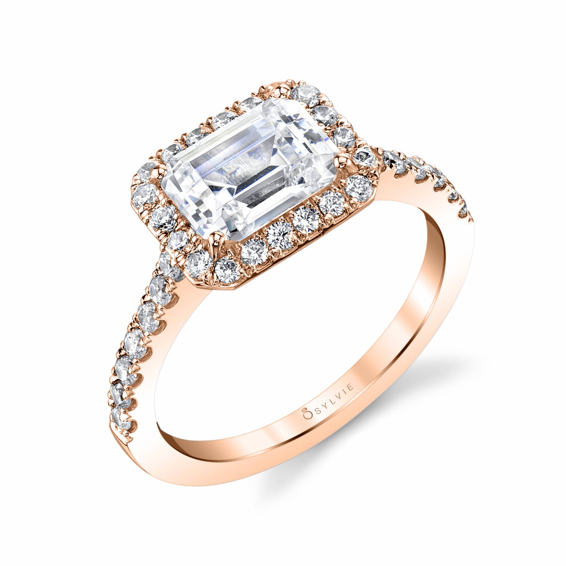 Emerald Cut East to West Classic Halo Engagement Ring - Chantelle