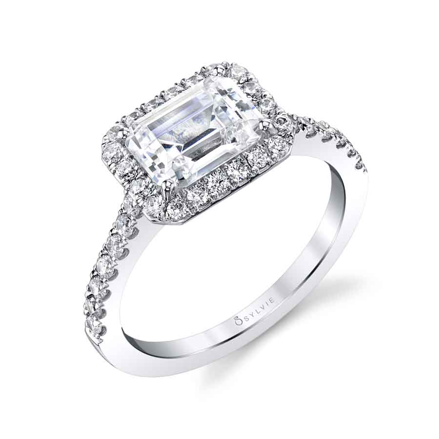 Emerald Cut East to West Classic Halo Engagement Ring - Chantelle