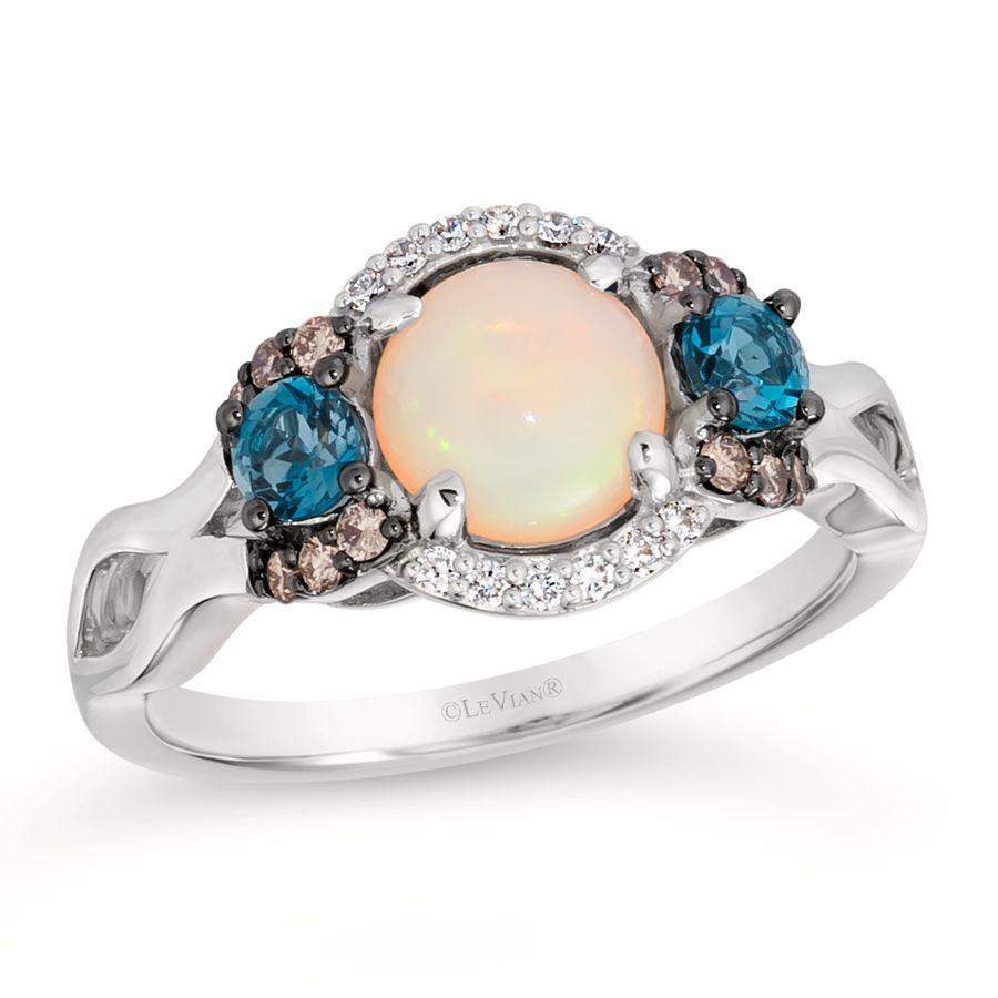 14K WHITE GOLD DIAMOND OPAL, LONDON BLUE TOPAZ RIN